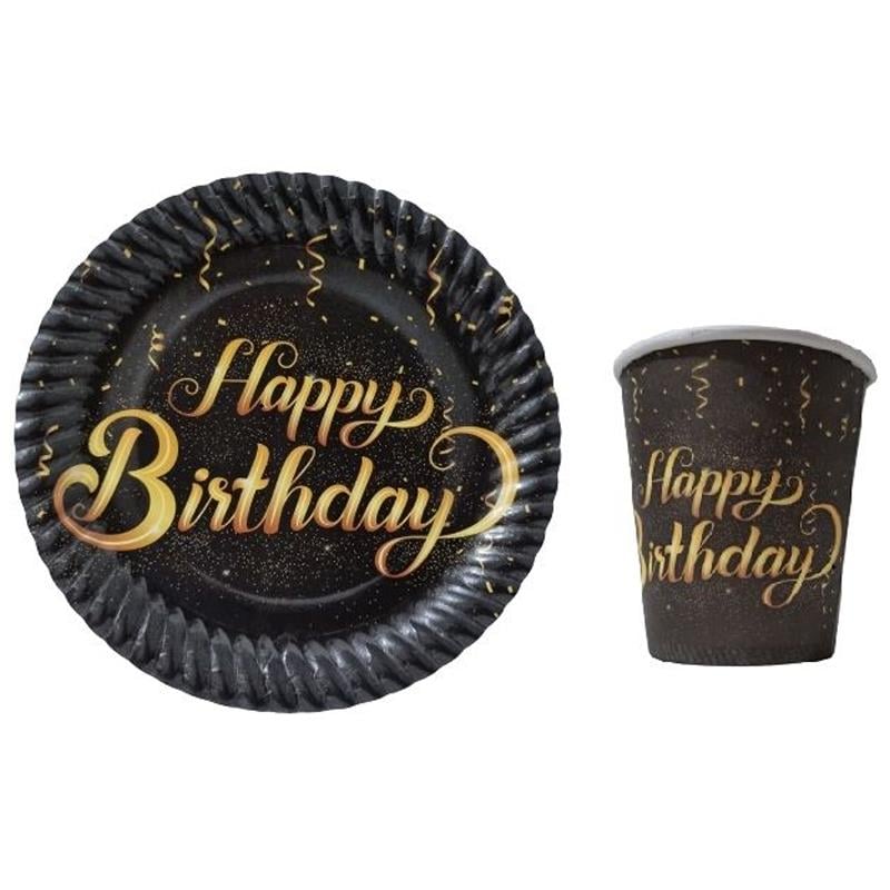 Gold Işıltılı Siyah Happy Birthday Temalı Tabak Bardak Seti 8 Adet