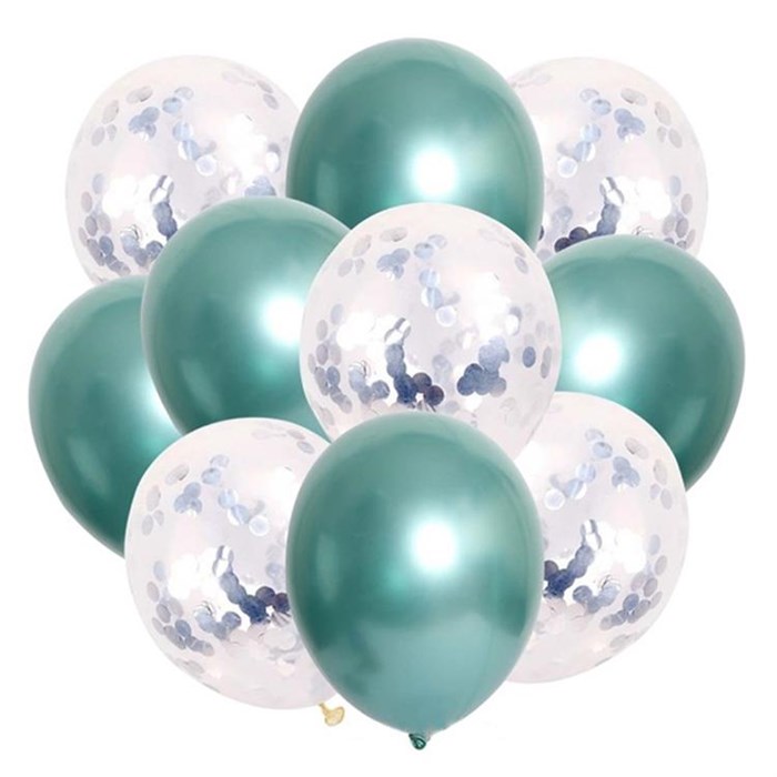 Gümüş Konfetili Yeşil Krom Balon Seti 