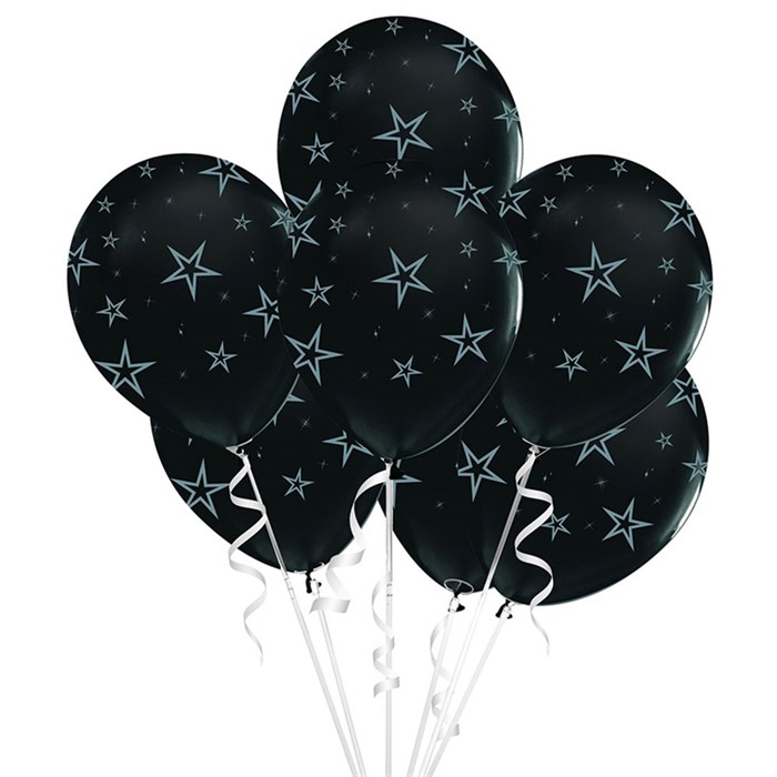 Gümüş Yıldızlar Baskılı Siyah Lateks Balon 10 Adet