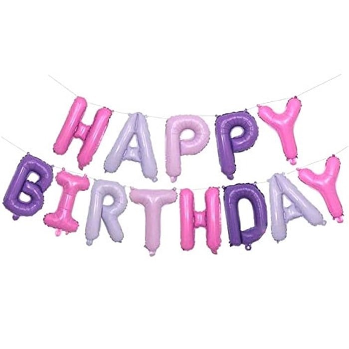 Happy Birthday Yazılı Pembe Mor Beyaz Folyo Balon Seti