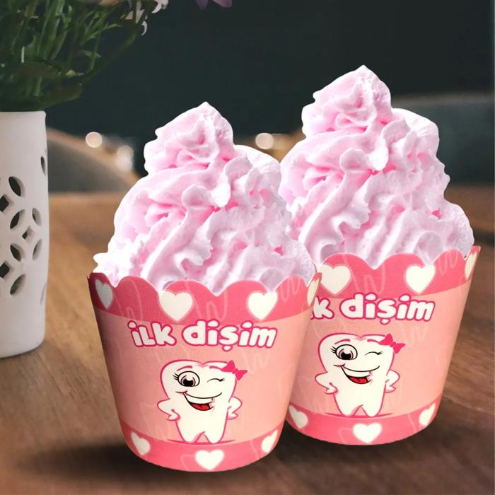 İlk Diş Pembe Temalı Cupcake Kek Kapsülü 10'lu