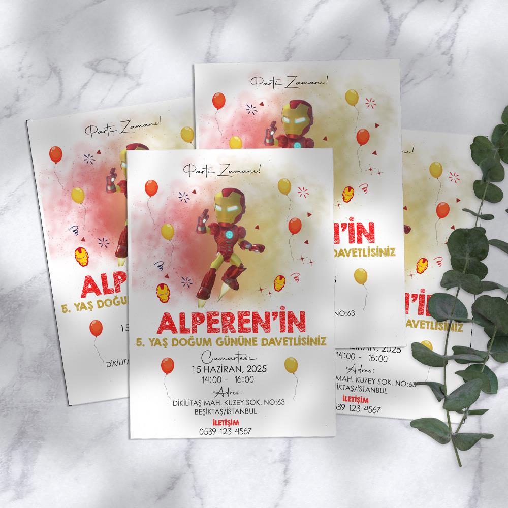 Iron Man Temalı Doğum Günü Davetiyesi 8'li