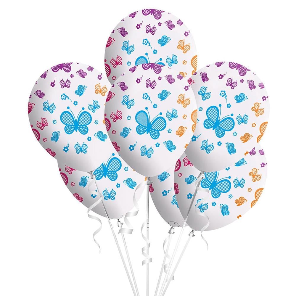Kelebekler Baskılı Beyaz Balon 5 Adet