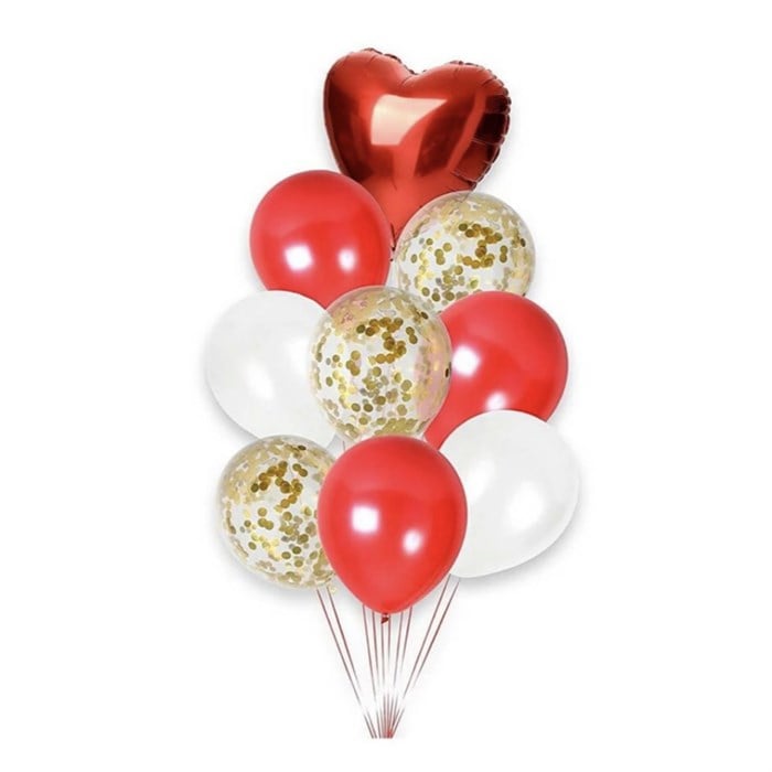 Kırmızı Gold Konfetili Kalpli Balon Seti