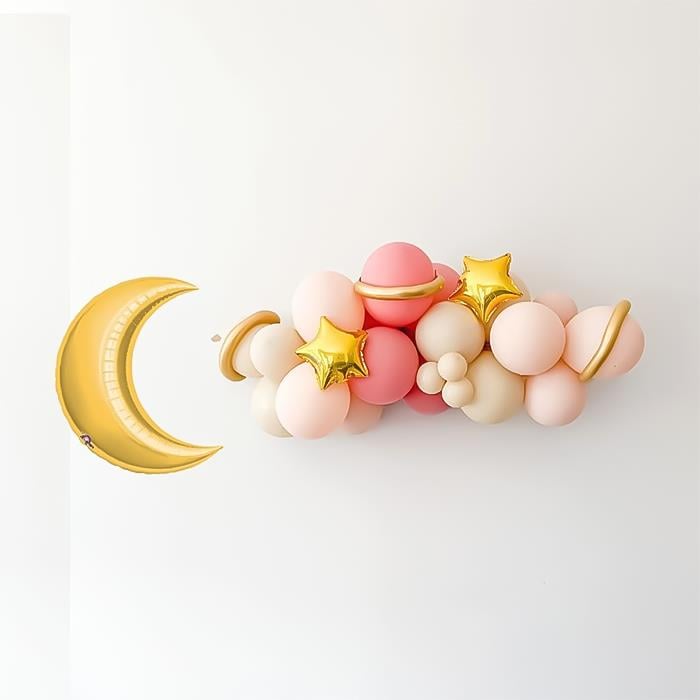 Makaron Pembe ve Açık Somon Balonlu Gold Ay Yıldız Temalı Balon Zincir Seti