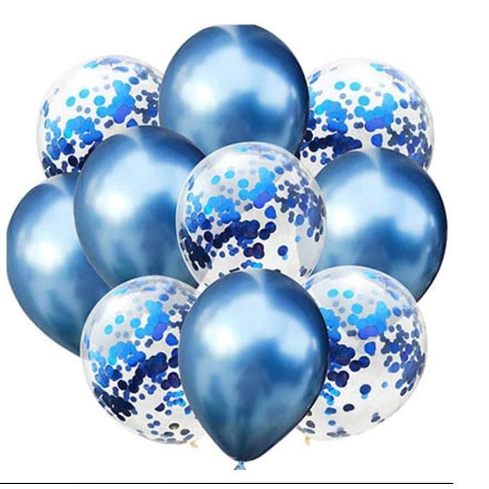 Mavi Konfetili Krom Parlak Balon Seti 10 Adet