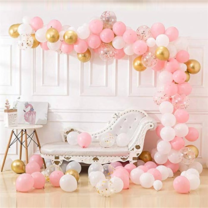 Pembe Beyaz Gold Krom Konfetili Balon Zincir Seti - 5 metre