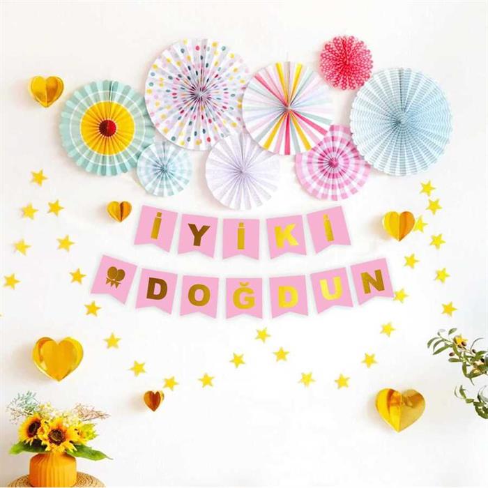 Pembe Gold Varaklı İyi ki Doğdun Bayrak Afiş - 200 cm