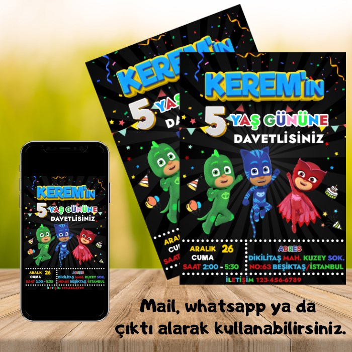 Pj Masks Konsepti Kişiye Özel Davetiye