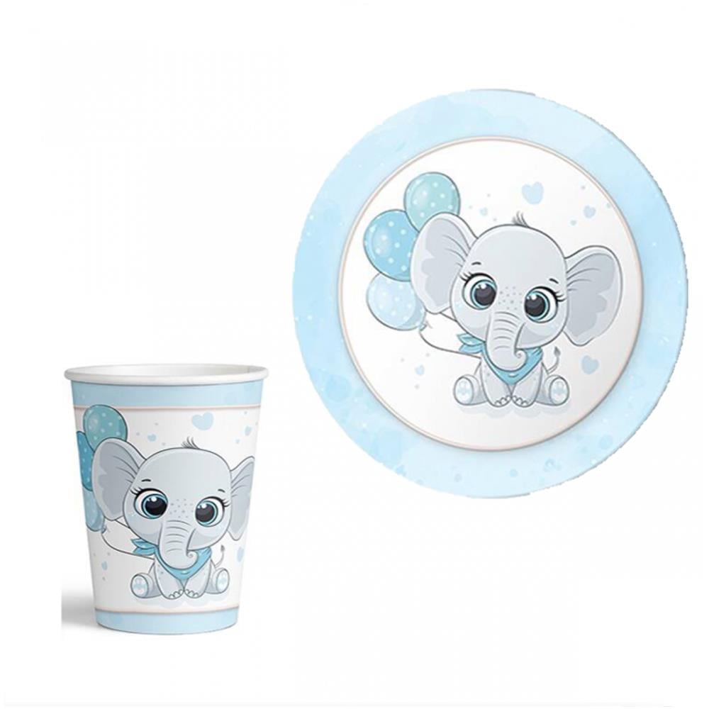 Sevimli Fil Temalı Mavi Tabak Bardak Seti