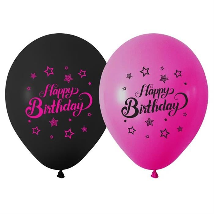 Siyah Fuşya Happy Birthday Lateks Balon 5'li