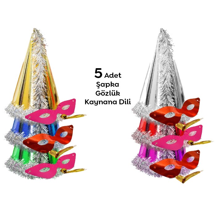 Yılbaşı Şapka - Gözlük - Düdük Seti 5 Adet