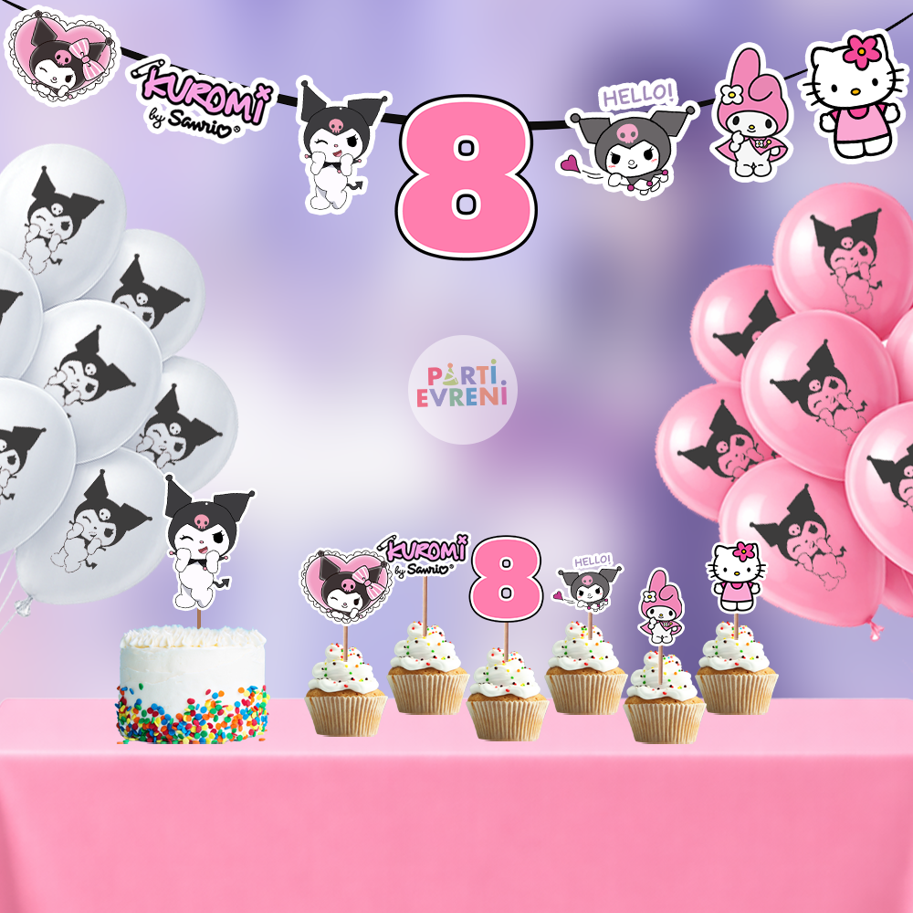 Kuromi Doğum Günü Seti | Yaş Seçenekli Afiş, Pasta Süsü Seti, Balon