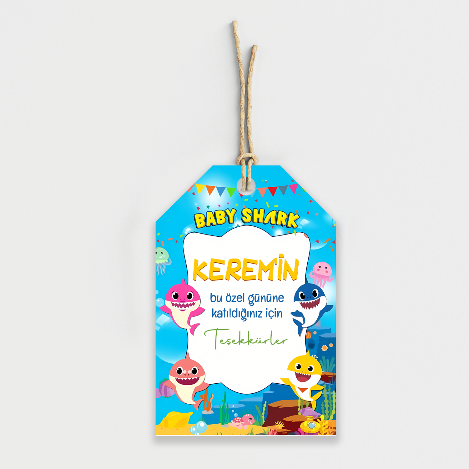 Baby Shark Temalı Kişiye Özel Teşekkür Kartı 8'li
