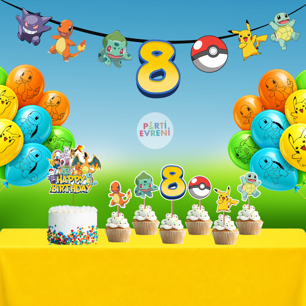 Pokemon Doğum Günü Seti | Yaş Seçenekli Afiş, Pasta Süsü Seti, Balon