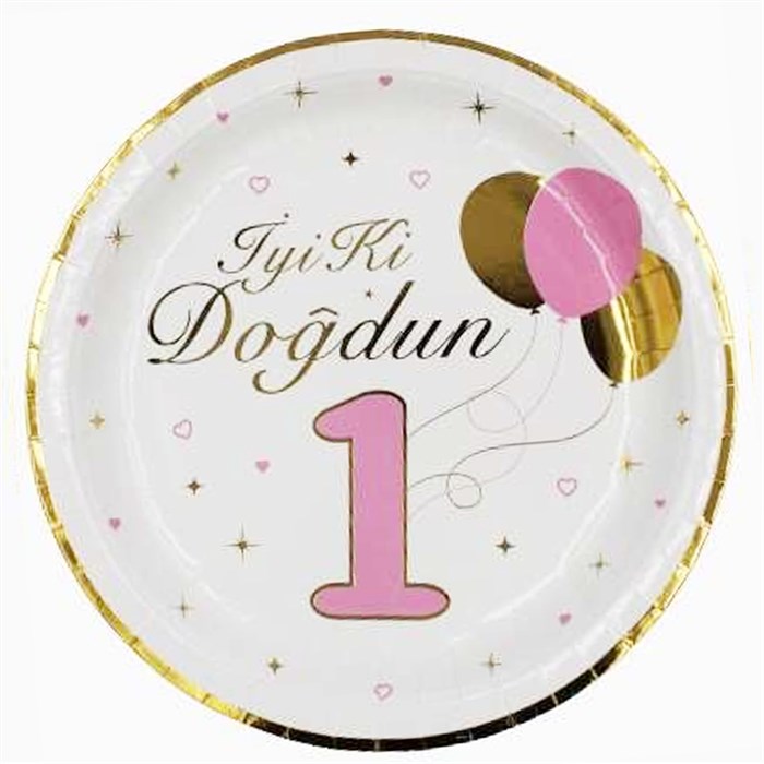 1 Yaş Gold Varaklı Pembe Karton Tabak