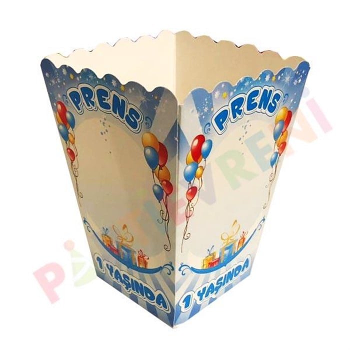 1 Yaş Prens Yazılı Mavi Mısır Popcorn Kutusu -