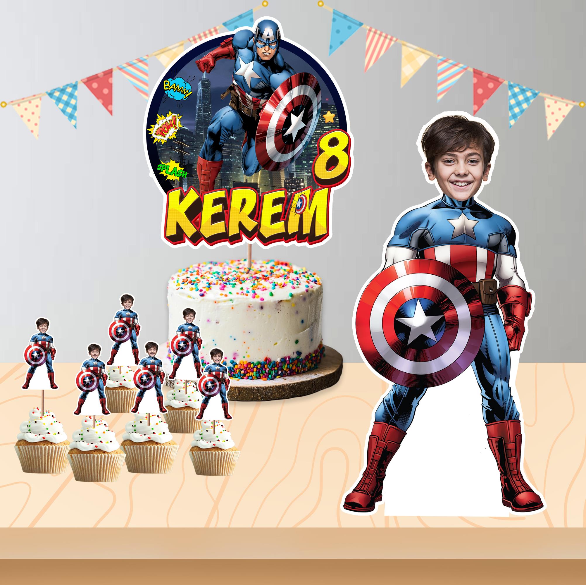 Kişiye Özel Kaptan Amerika Temalı Pano ve Pasta Süsü Seti