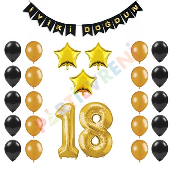 18 Yaş Siyah Altın Yıldız Balon Seti