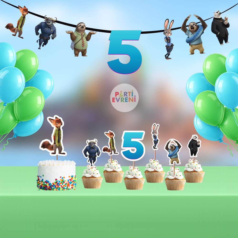 Zootropolis Doğum Günü Seti | Yaş Seçenekli Afiş, Pasta Süsü Seti, Balon