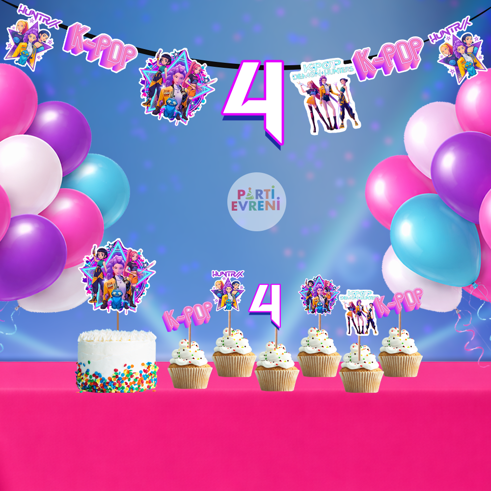 K-Pop Demon Hunters Doğum Günü Seti | Yaş Seçenekli Afiş, Pasta Süsü Seti, Balon