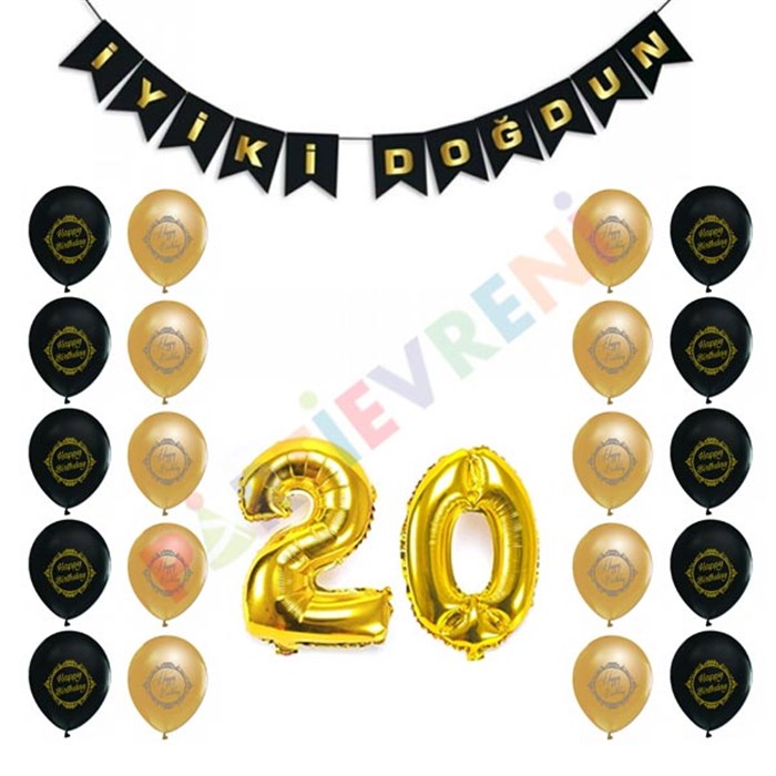 20 Yaş Siyah Altın Balon Seti