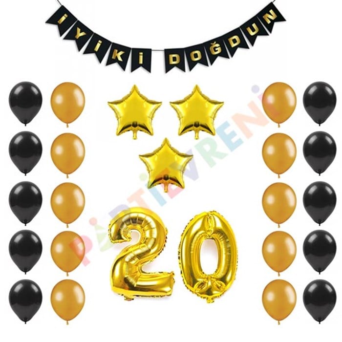 20 Yaş Siyah Altın Yıldız Balon Seti