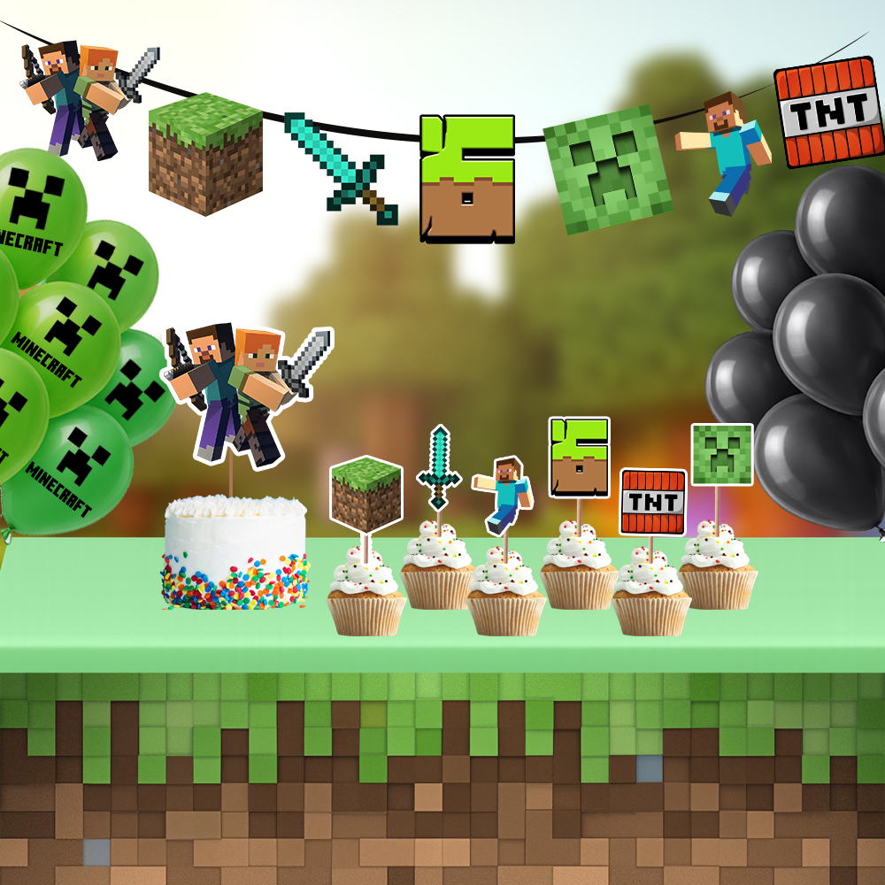 Minecraft Doğum Günü Seti | Yaş Seçenekli Afiş, Pasta Süsü Seti, Balon