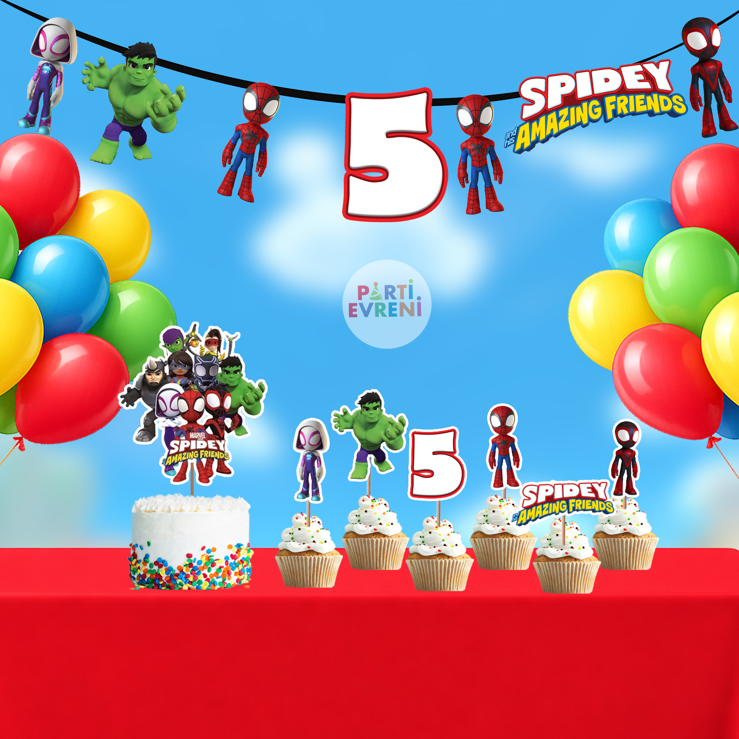 Spidey ve İnanılmaz Arkadaşları Temalı Doğum Günü Seti | Yaş Seçenekli Afiş, Pasta Süsü Seti, Balon