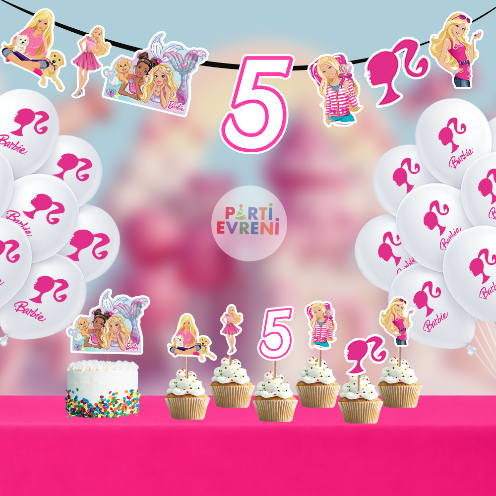 Barbie Doğum Günü Seti | Yaş Seçenekli Afiş, Pasta Süsü Seti, Balon