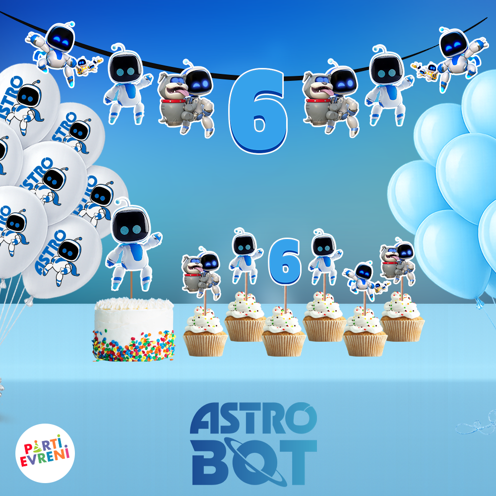 Astro Bot Doğum Günü Seti | Yaş Seçenekli Afiş, Pasta Süsü Seti, Balon