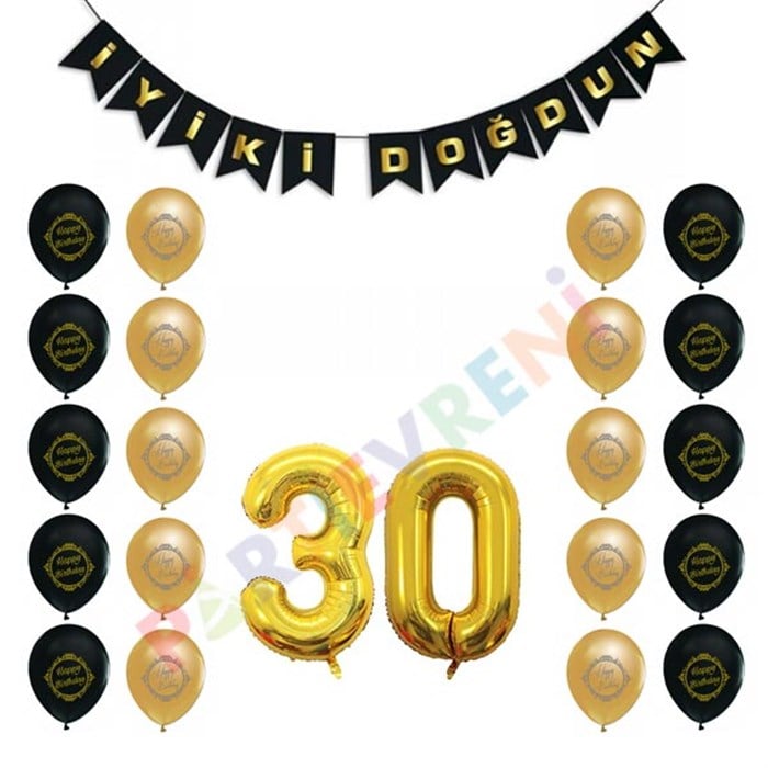 30 Yaş Siyah Altın Balon Seti