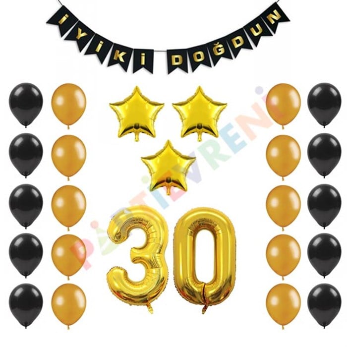 30 Yaş Siyah Altın Yıldız Balon Seti