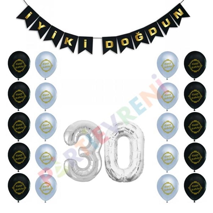 30 Yaş Siyah Gümüş Balon Seti
