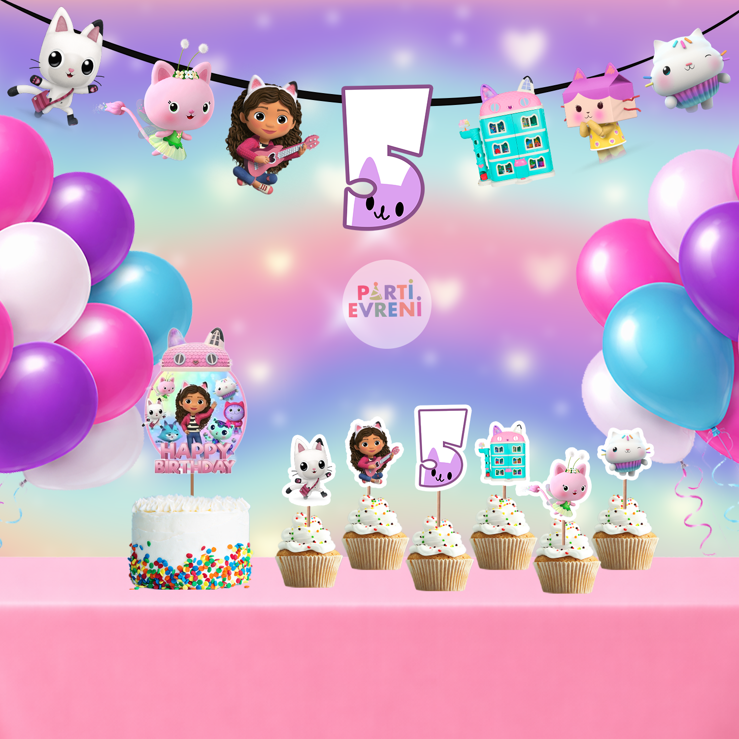 Gabby Oyuncak Evi Doğum Günü Seti | Yaş Seçenekli Afiş, Pasta Süsü Seti, Balon