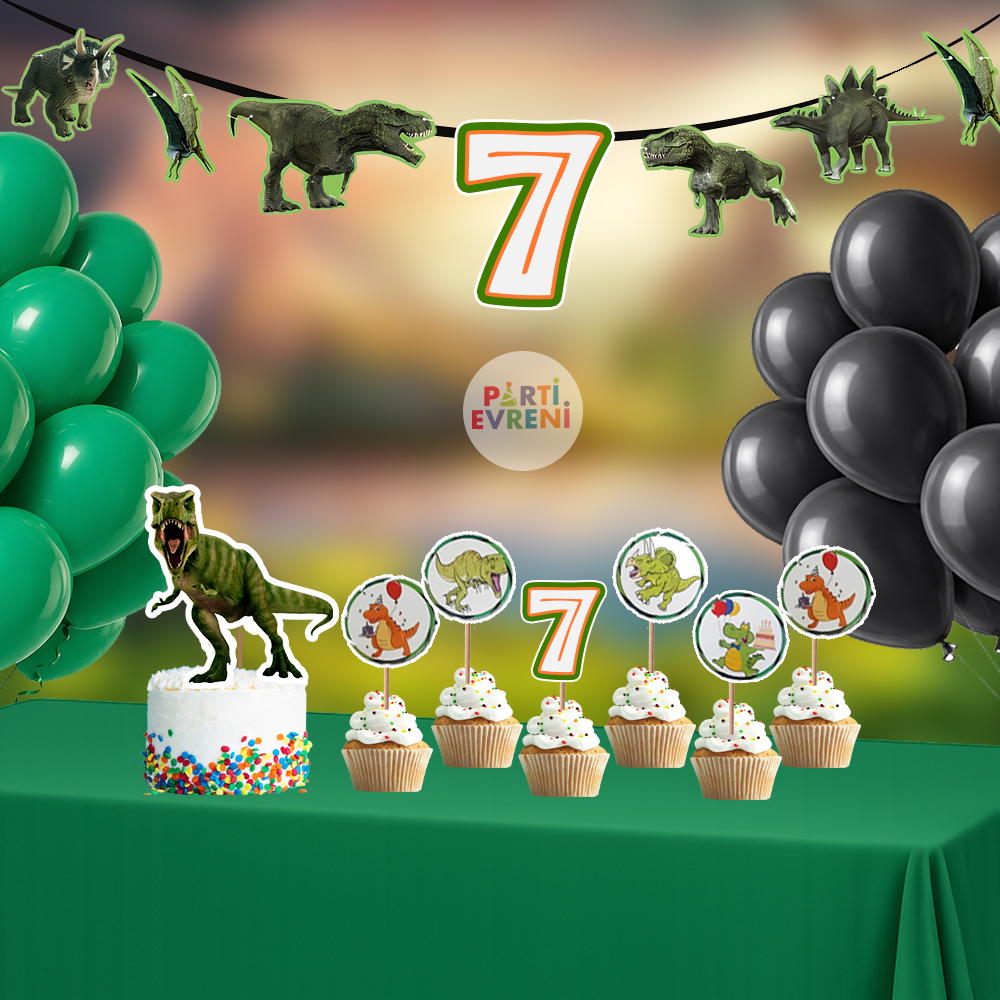 Dinozor Doğum Günü Seti | Yaş Seçenekli Afiş, Pasta Süsü Seti, Balon