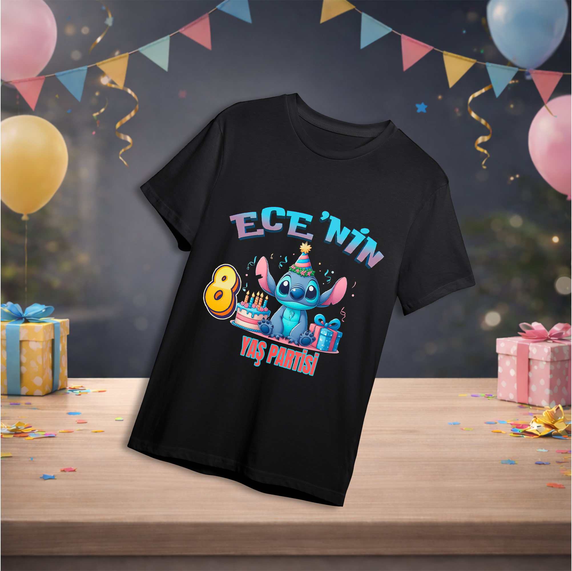 Stitch Temalı Kişiye Özel T-Shirt Siyah