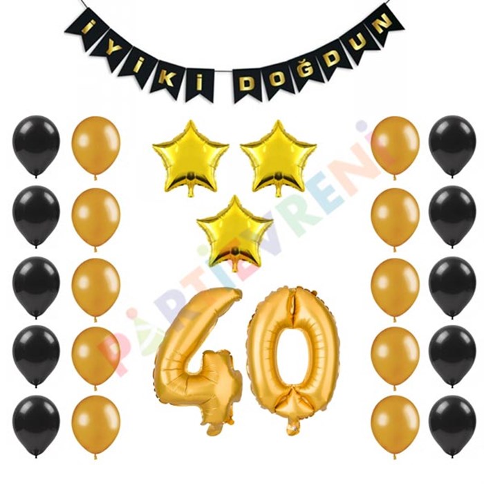 40 Yaş Siyah Altın Yıldız Balon Seti