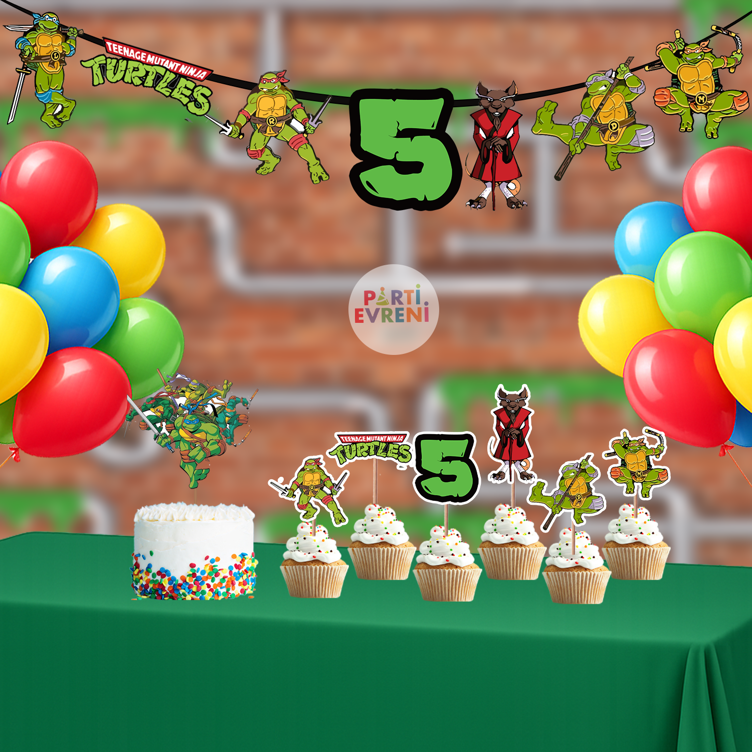 Ninja Turtles Temalı Doğum Günü Seti | Yaş Seçenekli Afiş, Pasta Süsü Seti, Balon