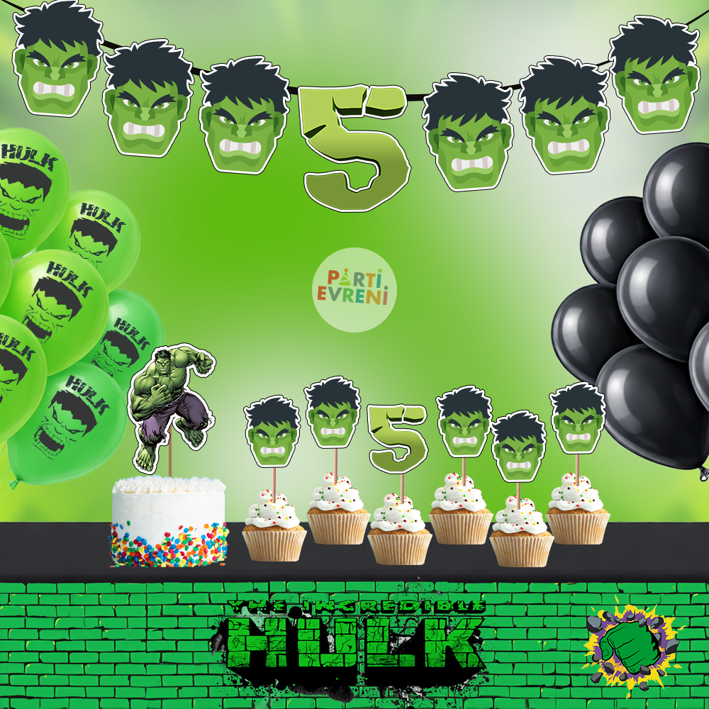 Hulk Doğum Günü Seti | Yaş Seçenekli Afiş, Pasta Süsü Seti, Balon