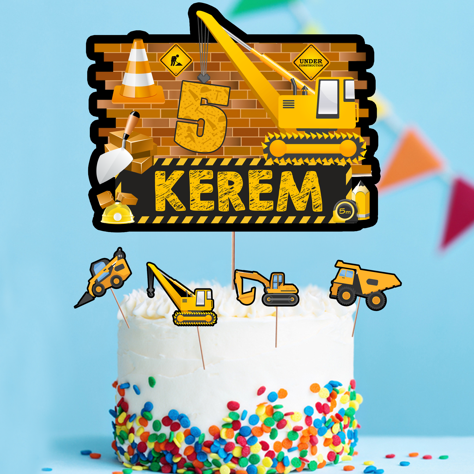 Kişiye Özel İnşaat Temalı Pasta Süsü Seti