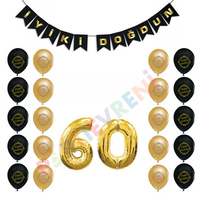 60 Yaş Siyah Altın Balon Seti