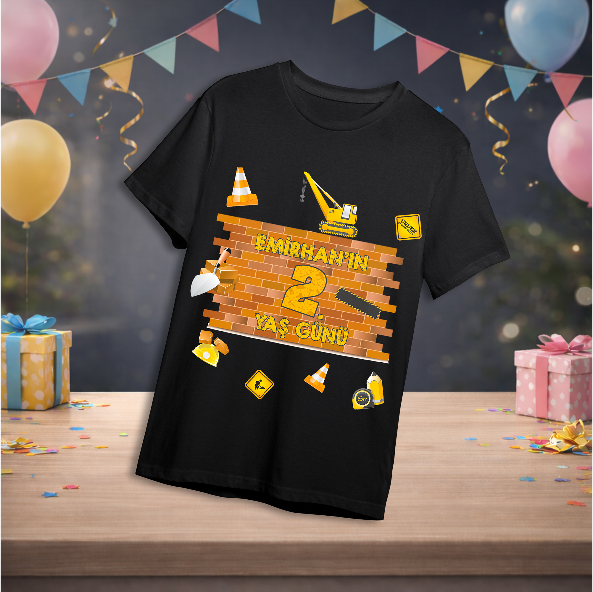 İnşaat Temalı Kişiye Özel T-Shirt Siyah