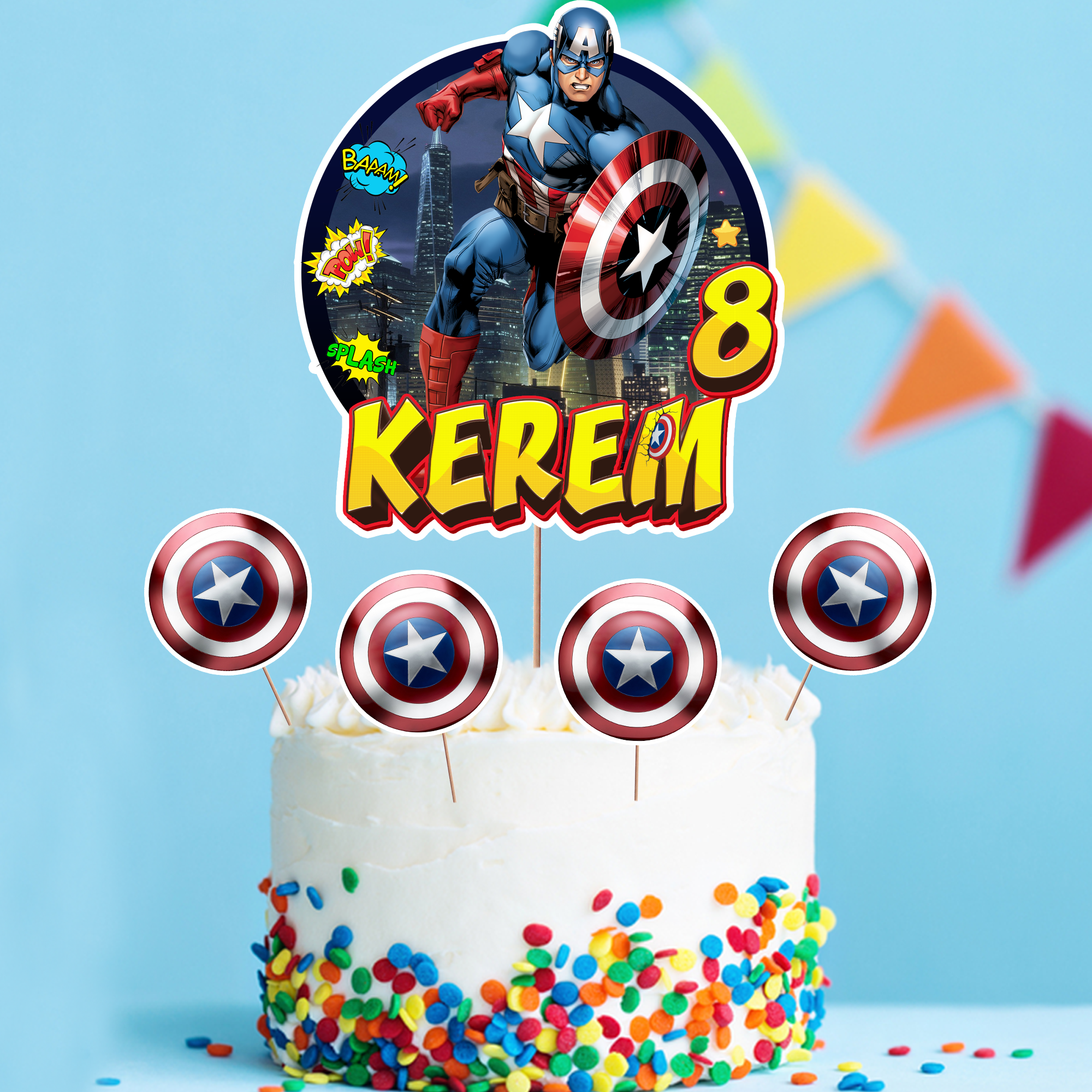 Kişiye Özel Kaptan Amerika Temalı Pasta Süsü Seti