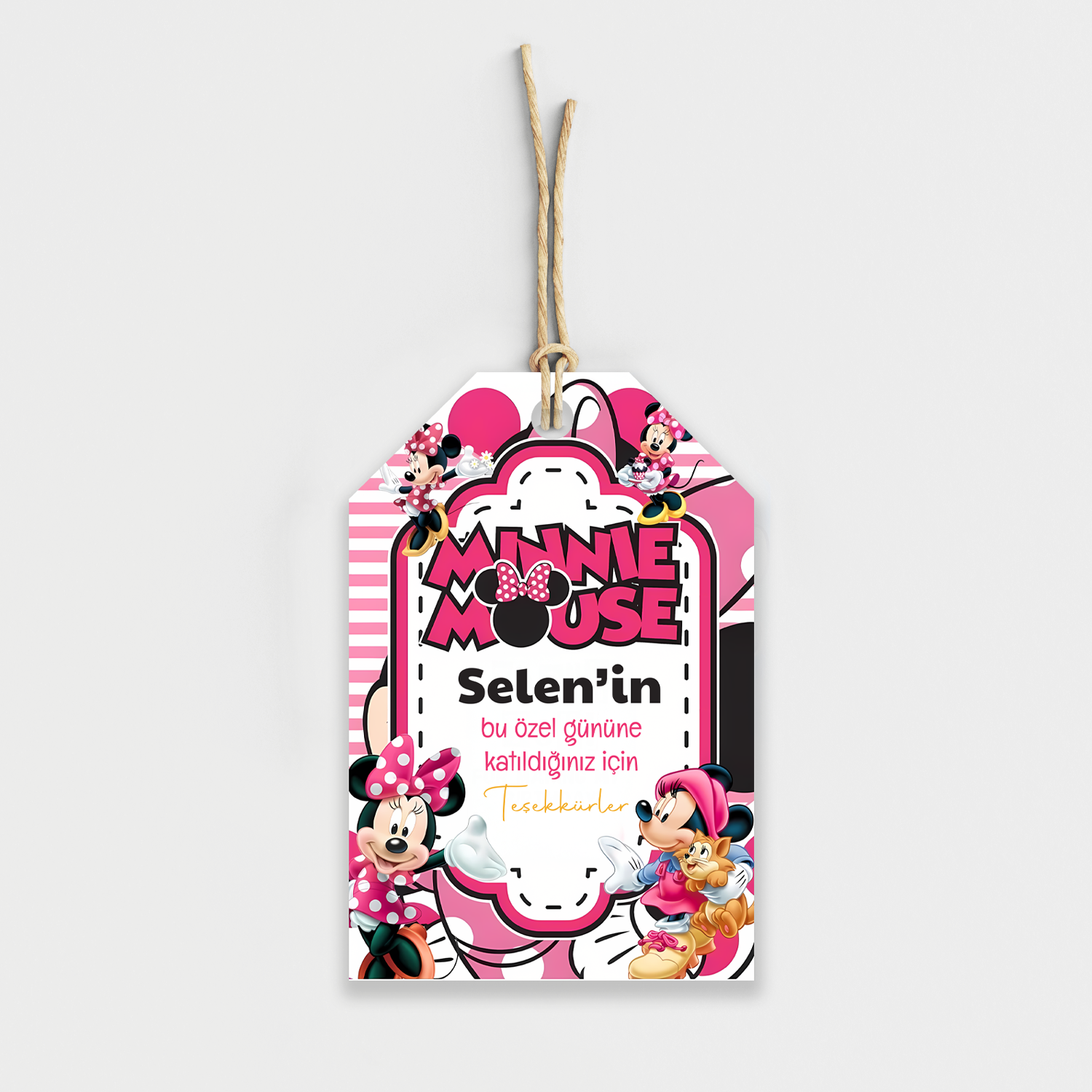 Minnie Mouse Pembe Temalı Kişiye Özel Teşekkür Kartı 8'li