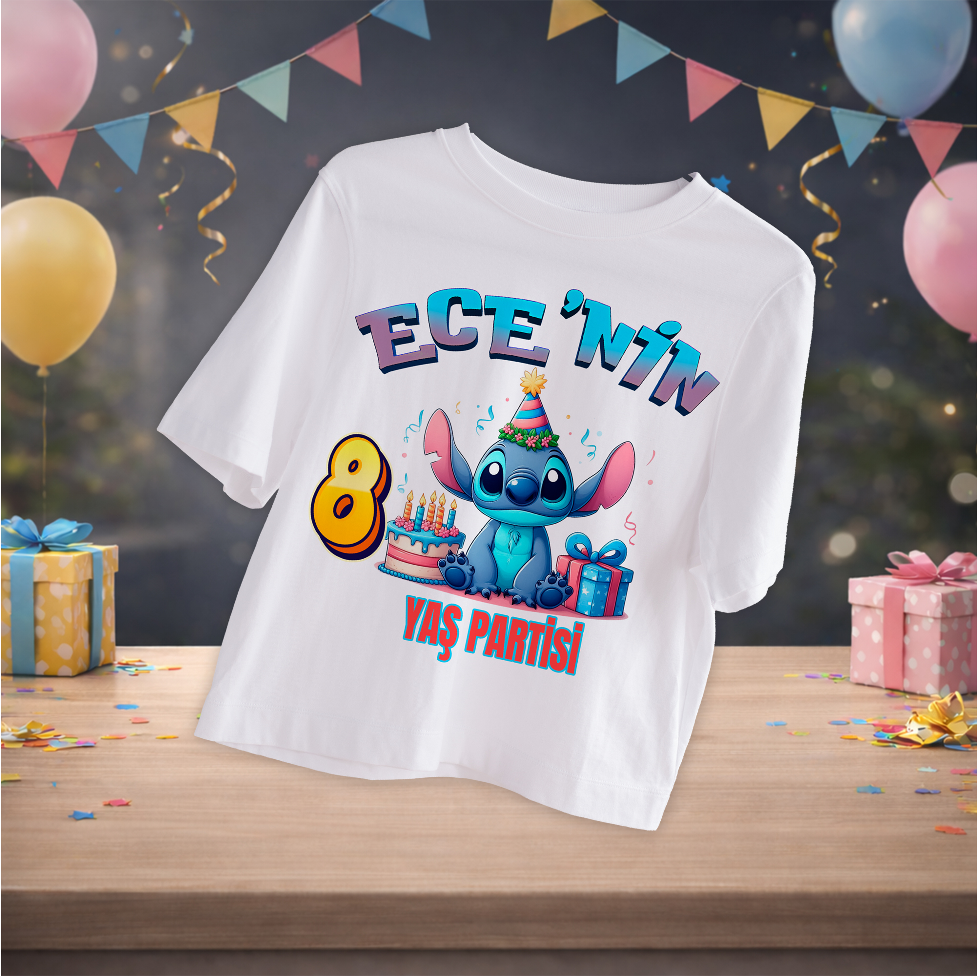 Stitch Temalı Kişiye Özel T-Shirt Beyaz