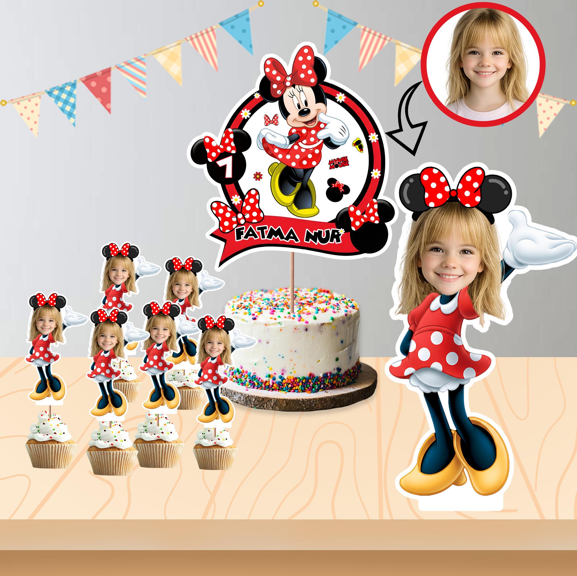 Kişiye Özel  Minnie Mouse Temalı Pano ve Pasta Süsü Seti
