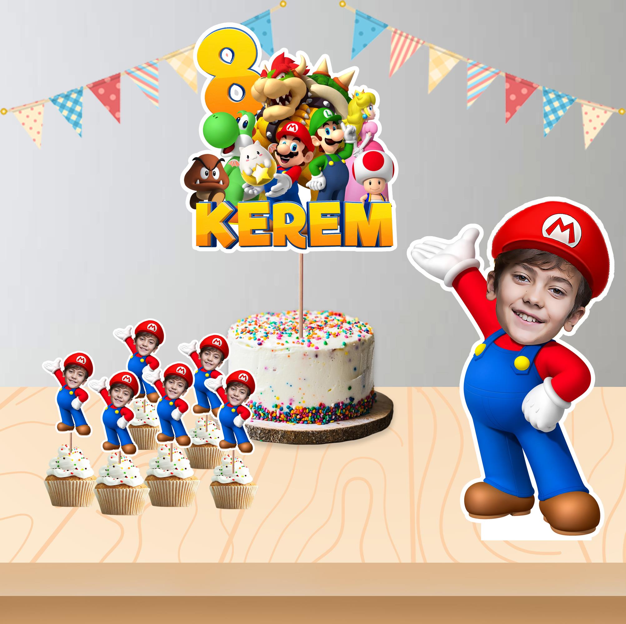 Kişiye Özel Super Mario Temalı Pano ve Pasta Süsü Seti