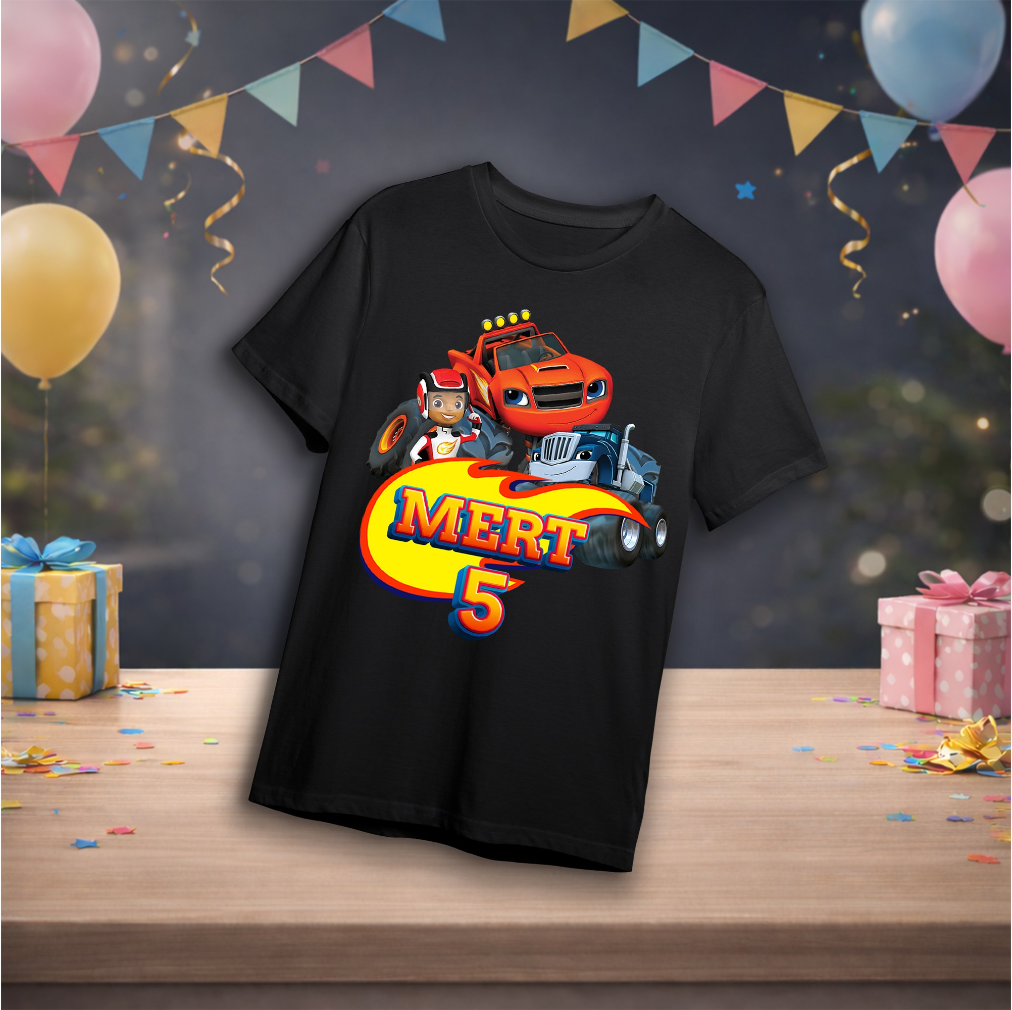 Blaze ve Yol Canavarları Temalı Kişiye Özel T-Shirt Siyah
