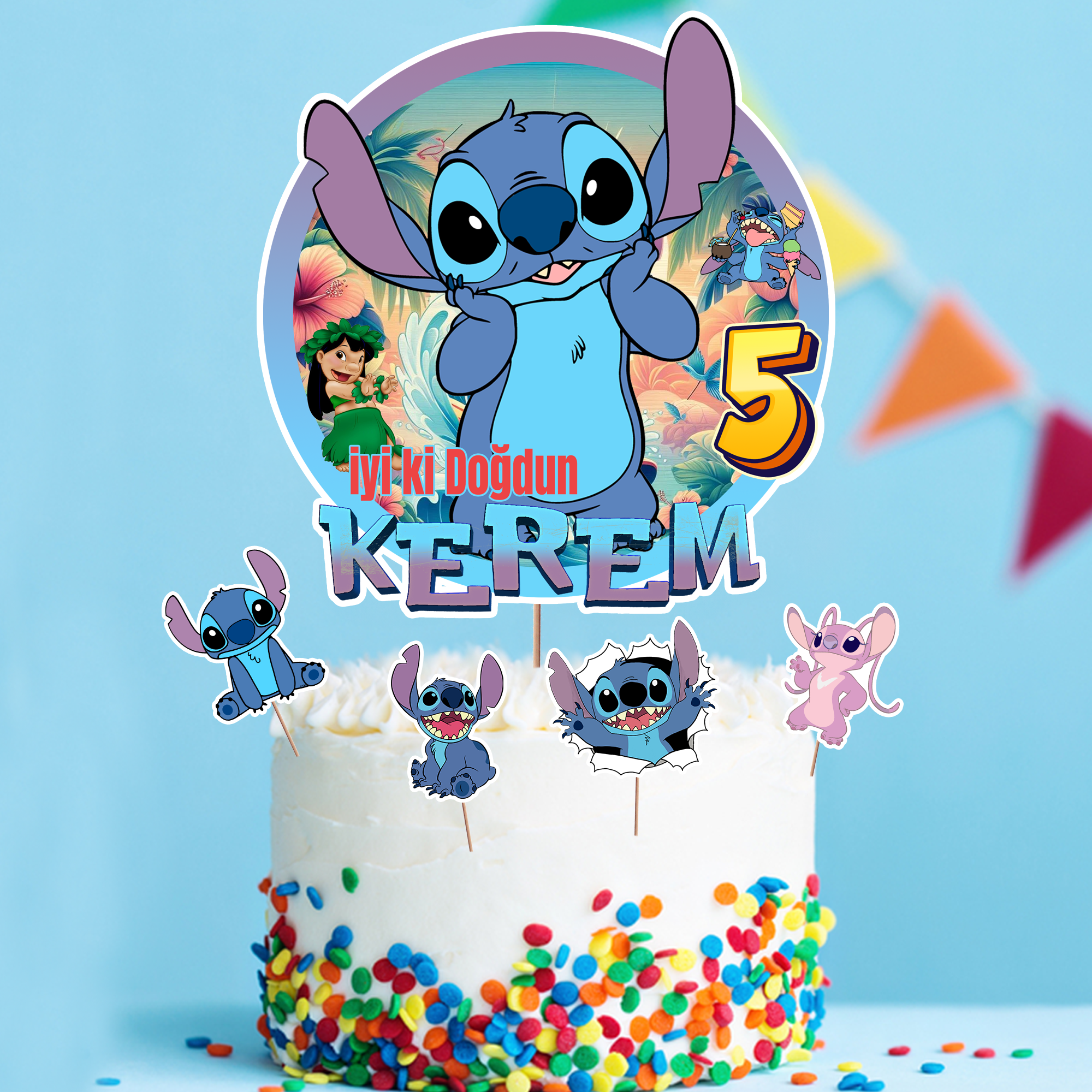 Kişiye Özel Stitch Temalı Pasta Süsü Seti